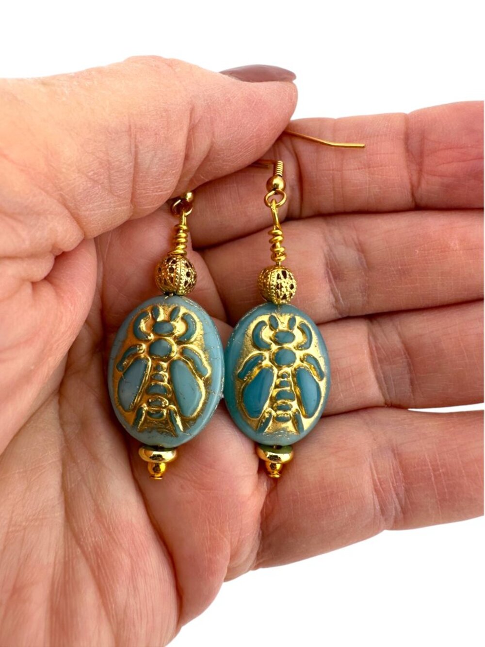 Czech Glass Bee Earrings Sky Blue Gold Dangle Cottagecore Boho Handmade - Picture 11 of 11